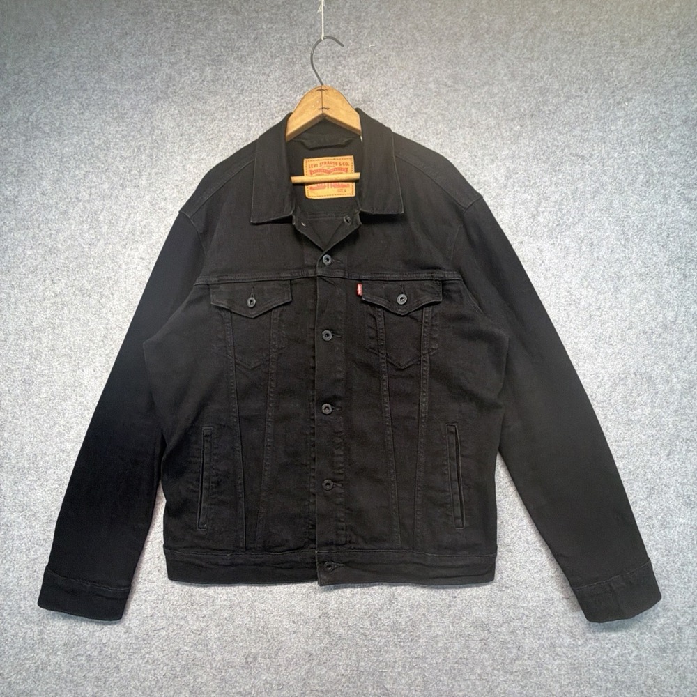 Levis Trucker Denim Jean Jacket Mens Large Black Dark Wash Pockets Button 72334